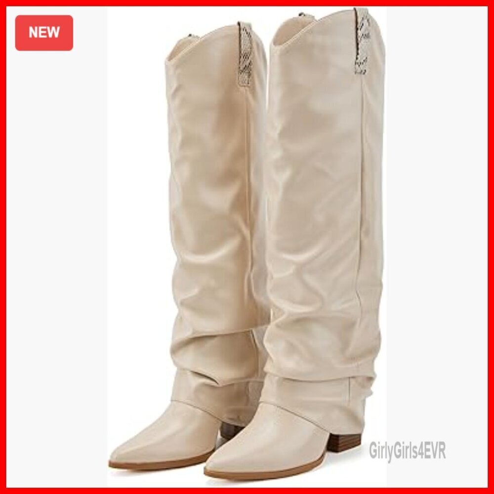 Knee High Cowboy Boots with Chunky Heel Fold Over Calf Design
